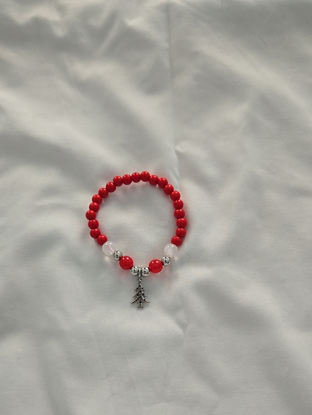 Red Beaded Bracelet with Silver Tree Charm